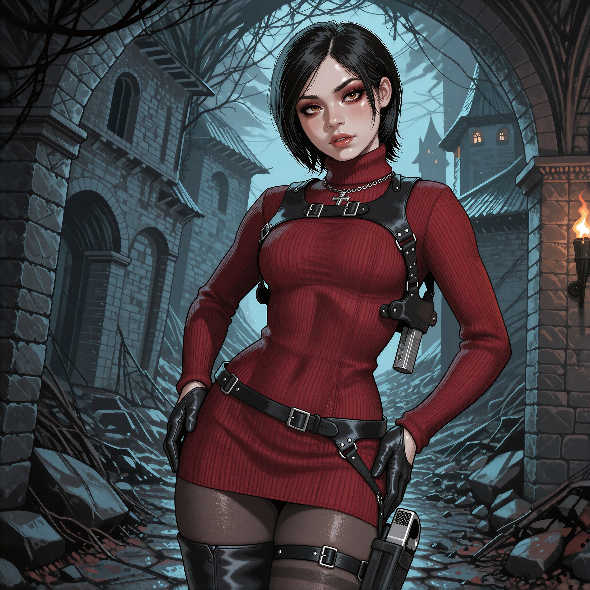 Vv.LXVIII - Acumen 2d Illustration. Vv.LXVIII - RE4R-AW,  she is wearing a silver Catholic Cross necklace,  pale skin on T...