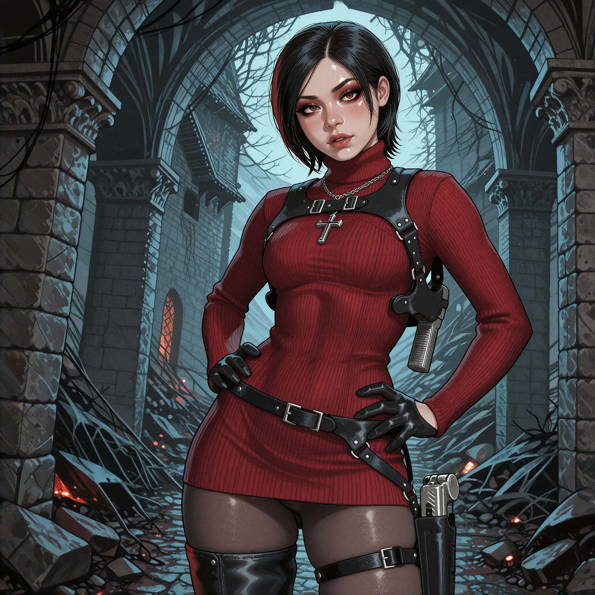 Vv.LXVIII - Acumen 2d Illustration. Vv.LXVIII - RE4R-AW,  she is wearing a silver Catholic Cross necklace,  pale skin on T...