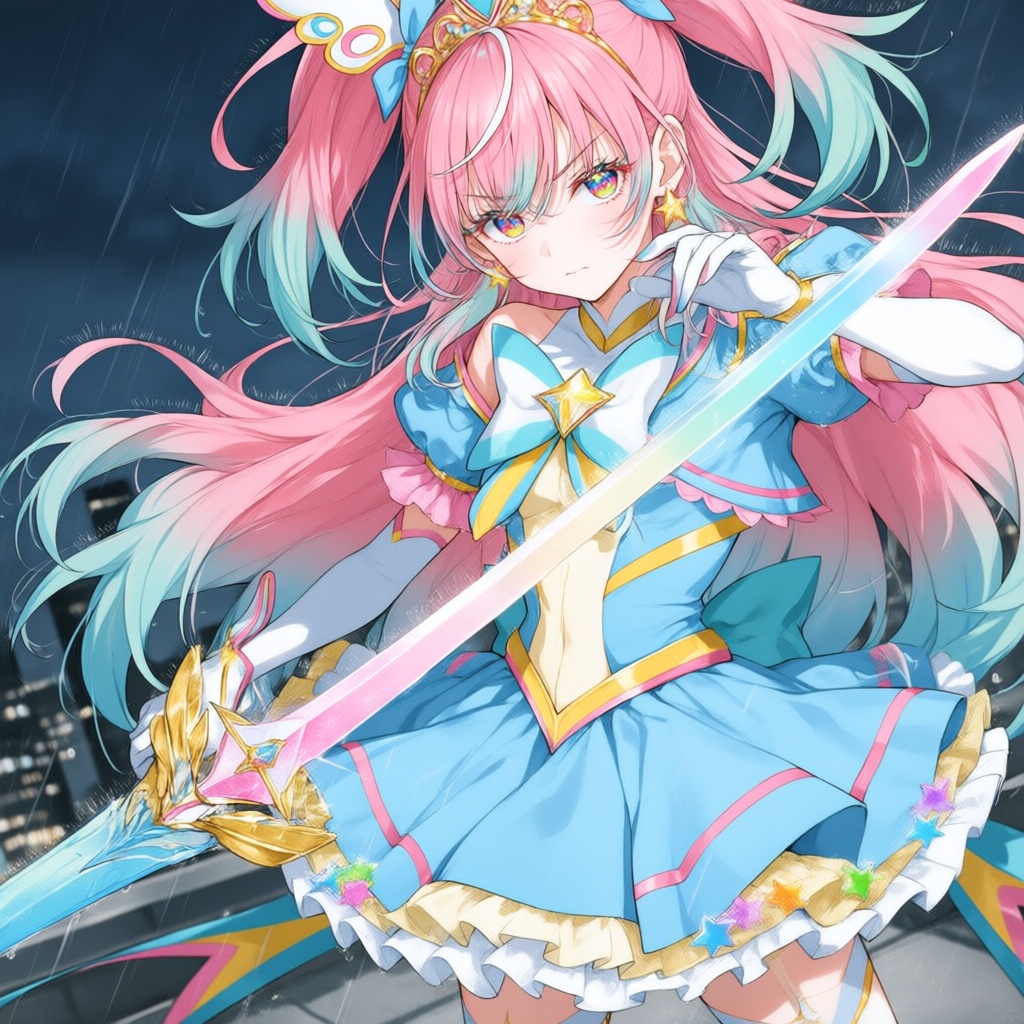 A magical girl stands on a city rooftop at night in the rain,  shown from a dramatic angle in a dynamic fighting stance. S...