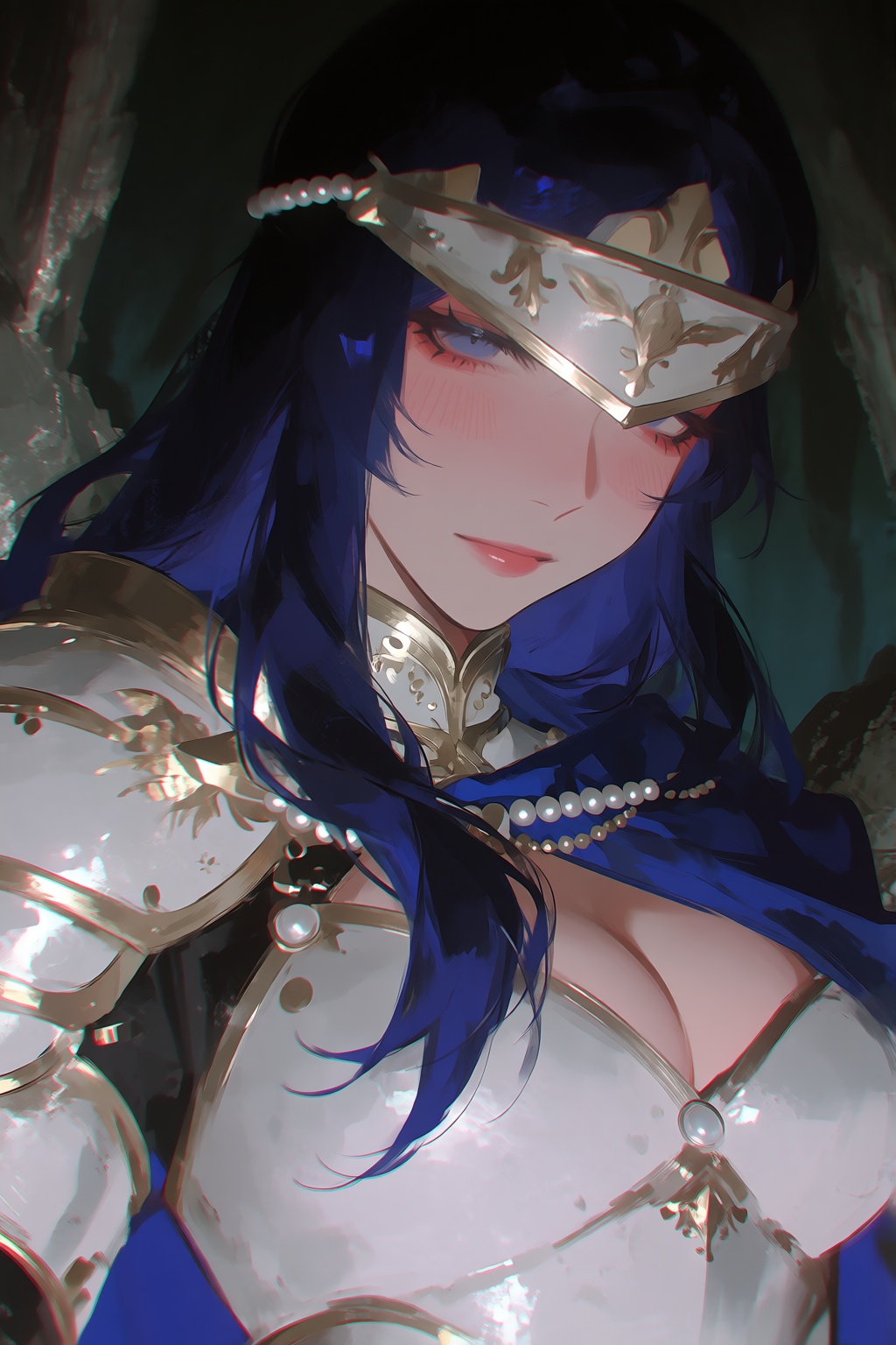 (rei_(sanbonzakura):0.4),  A close-up digital illustration portrays an ***** female knight with long,  dark indigo hair fl...
