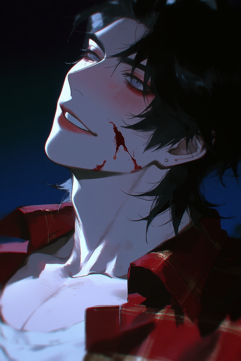 GNRstyle,  llustration of an ***** man with shoulder-length black hair and dark eyes,  wearing a faint smile. He wears an...