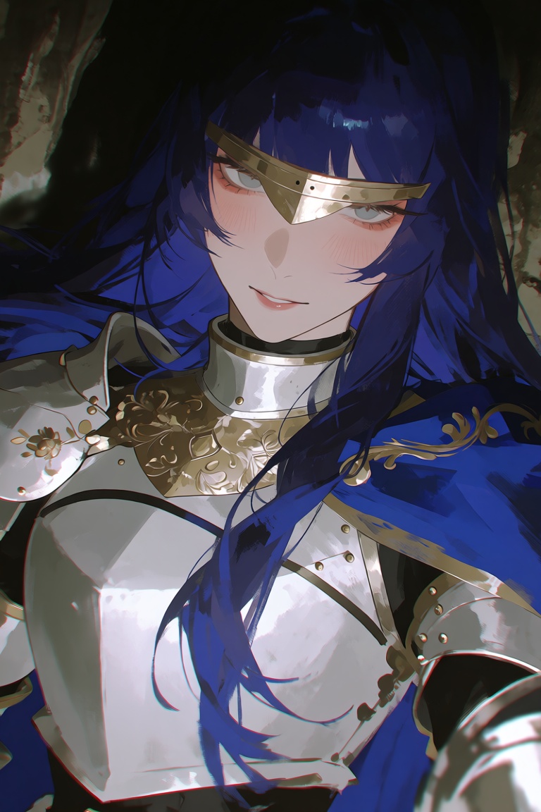 (rei_(sanbonzakura):0.4),  A close-up digital illustration portrays an ***** female knight with long,  dark indigo hair fl...