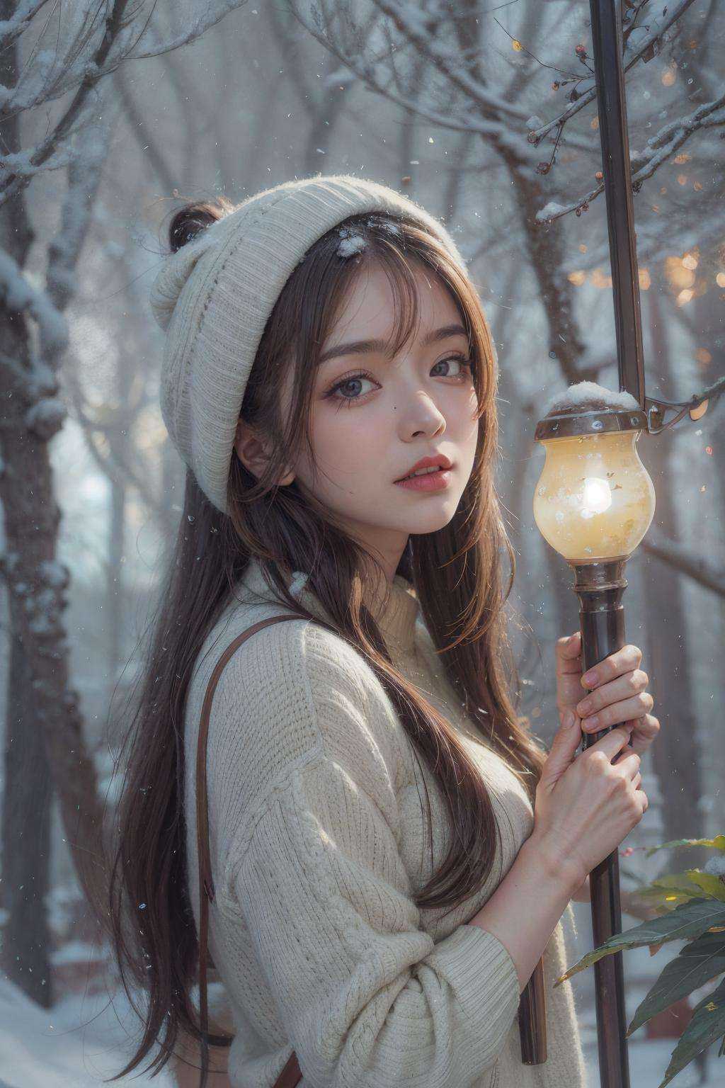 a lovely painting of a girl in the forest with light snow falling on Tensor.Art