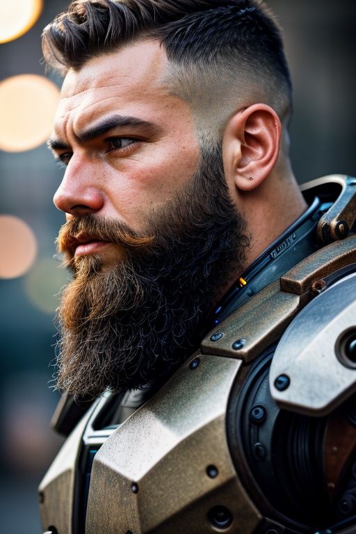 close up Portrait photo of muscular bearded guy in a worn mech suit,  ((light bokeh)),  intricate on Tensor.Art