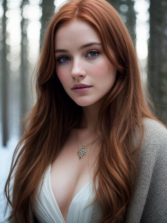 close up of a european woman,  ginger hair,  winter forest on Tensor.Art