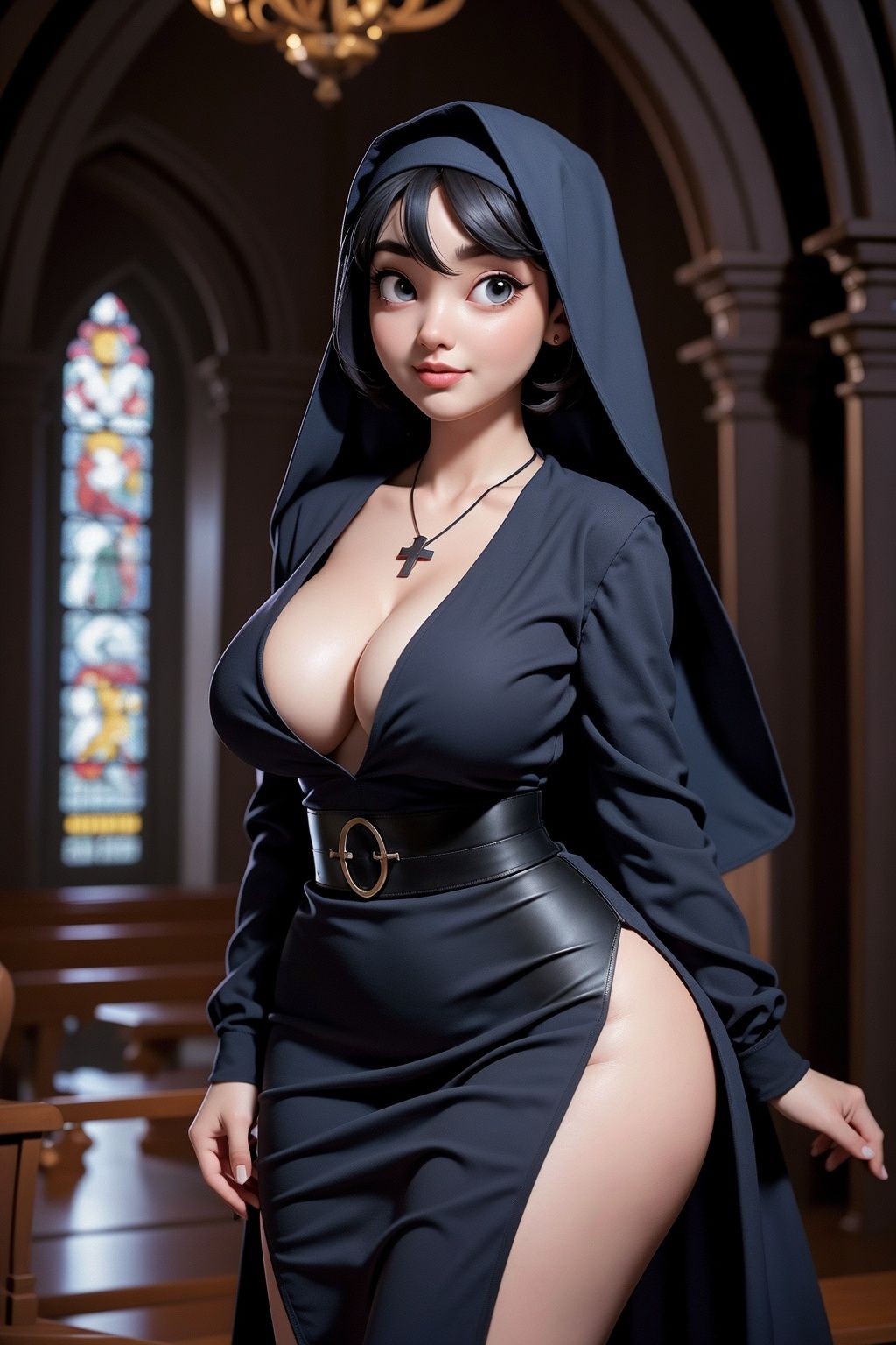 masterpiece,best quality,3dmm style,1girl, nun, breasts, solo, jewelry, necklace, habit, cross, covered nipples, large breasts, church, cleavage, side slit, cross necklace, black hair, looking at viewer, dress, thighs, indoors, lips, curvy