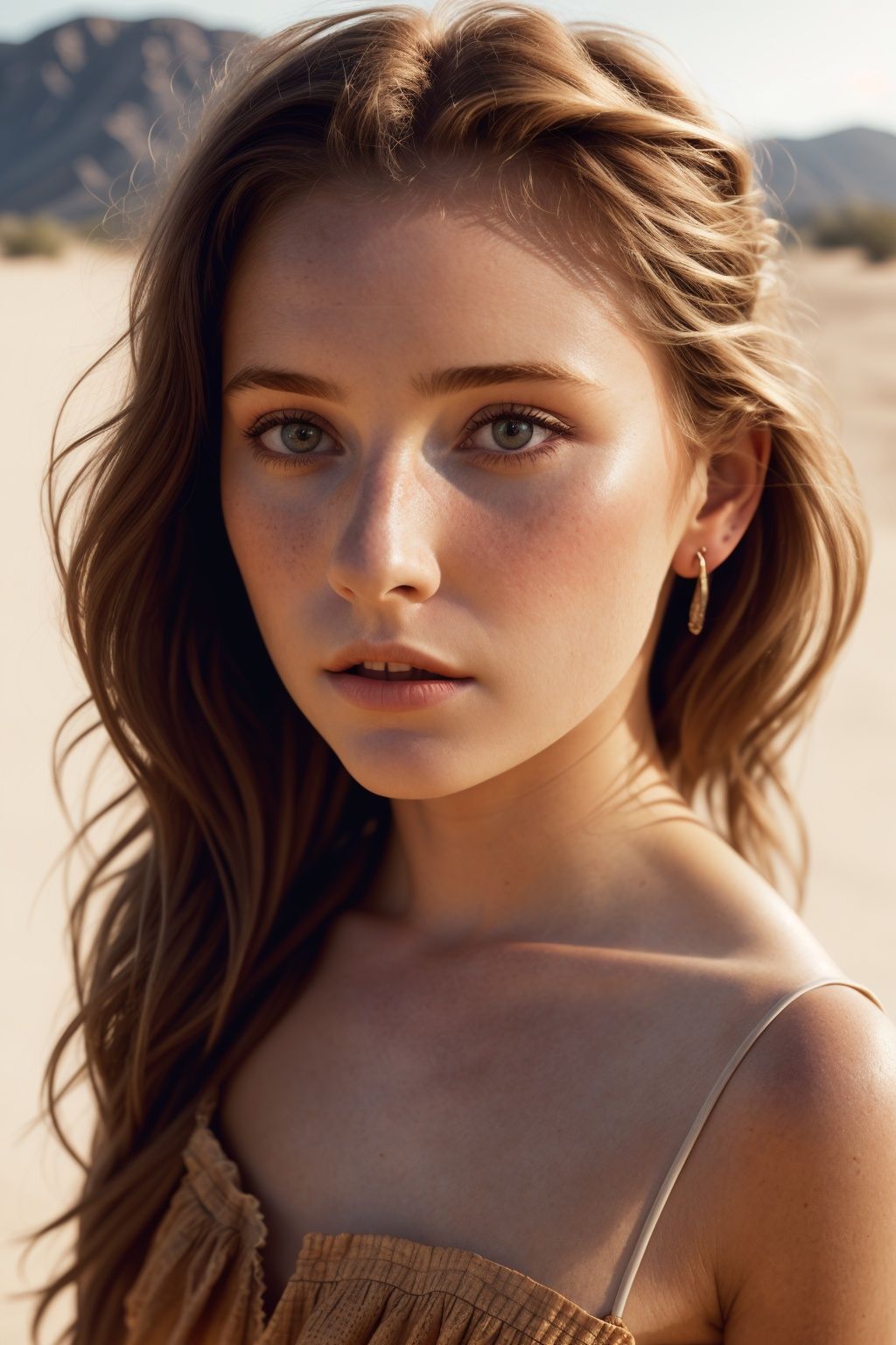 a european girl outdoors,  california dessert,  summer dress on Tensor.Art