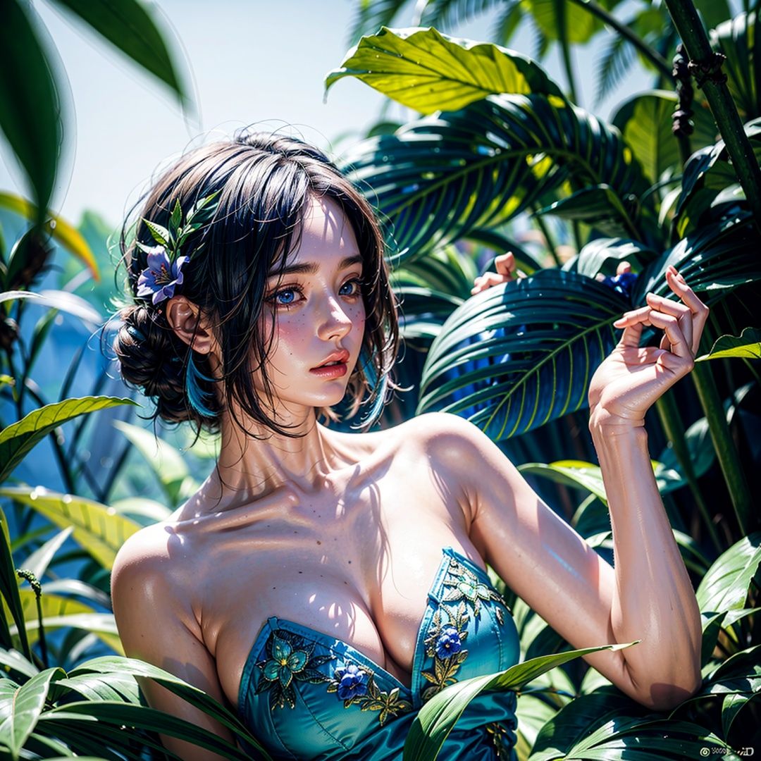 fashion photography of blue human avatar,  1girl,  in blue lush jungle with flowers and birds on Tensor.Art
