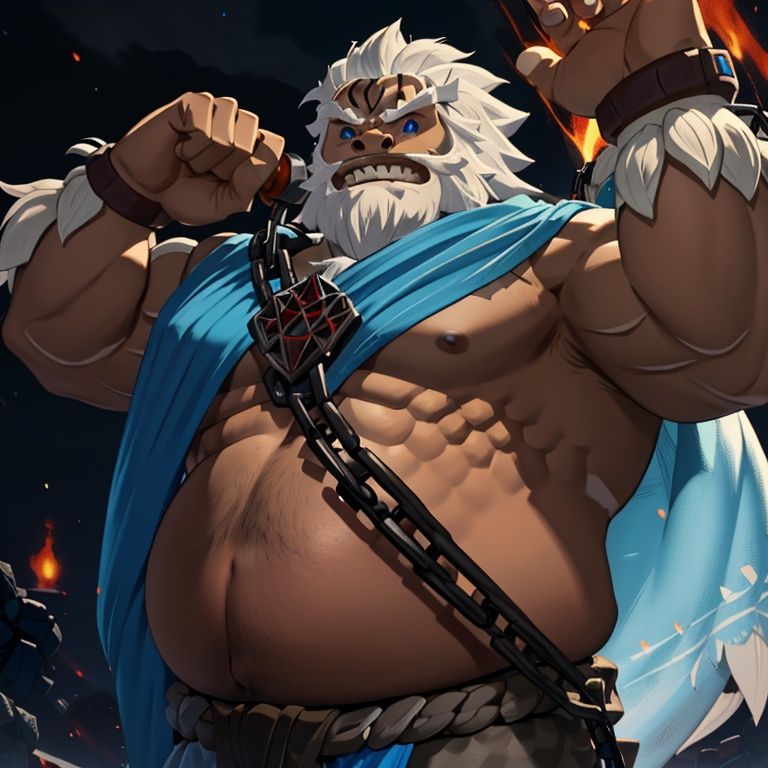 Daruk, (solo:1.2), mature male, chain, white hair, white mustache, blue-pea-eyes, muscular, big belly, sharp teeth, blue cloth, navel