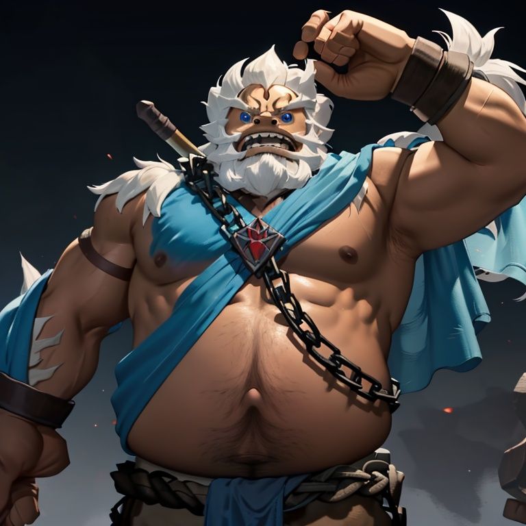 Daruk, (solo:1.2), mature male, chain, white hair, white mustache, blue-pea-eyes, muscular, big belly, sharp teeth, blue cloth, navel