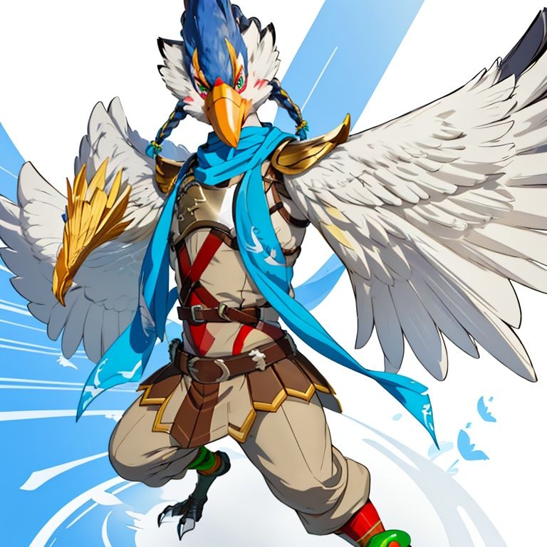 dfij, male focus, ((anthro avian bird)), (sharp-beak:1.2), ((winged-arms)), green eyes, bird tail, braid, armor, claws, blue scarf, feathers, anklet, bird legs, fullbody,dfij