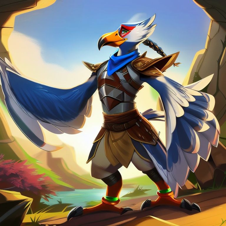 dfij, male focus, ((anthro avian bird)), (sharp-beak:1.2), ((winged-arms)), green eyes, bird tail, braid, armor, claws, blue scarf, feathers, anklet, bird legs, fullbody,dfij