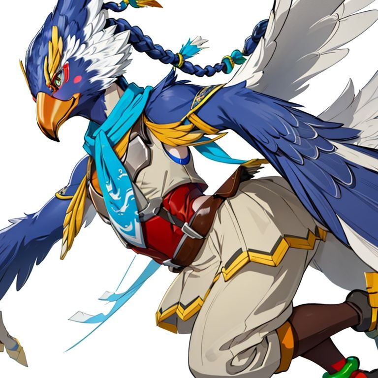dfij, male focus, ((anthro avian bird)), (sharp-beak:1.2), ((winged-arms)), green eyes, bird tail, braid, armor, claws, blue scarf, feathers, anklet, bird legs, fullbody,dfij