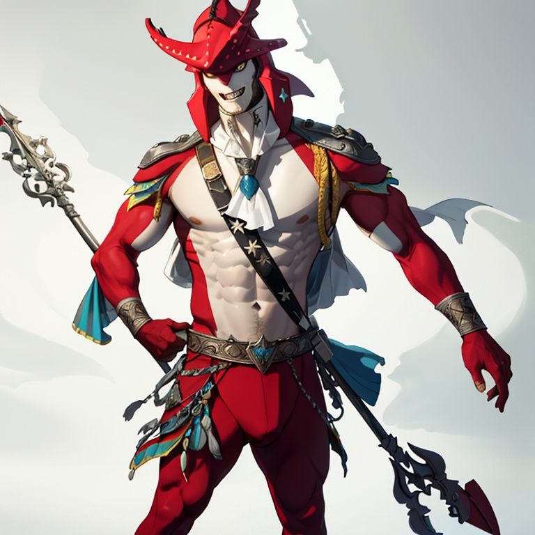 sdik, ((solo)), looking_at_viewer, smile, 1man, standing, full_body, weapon, teeth, holding_weapon, ascot, polearm, spear, trident