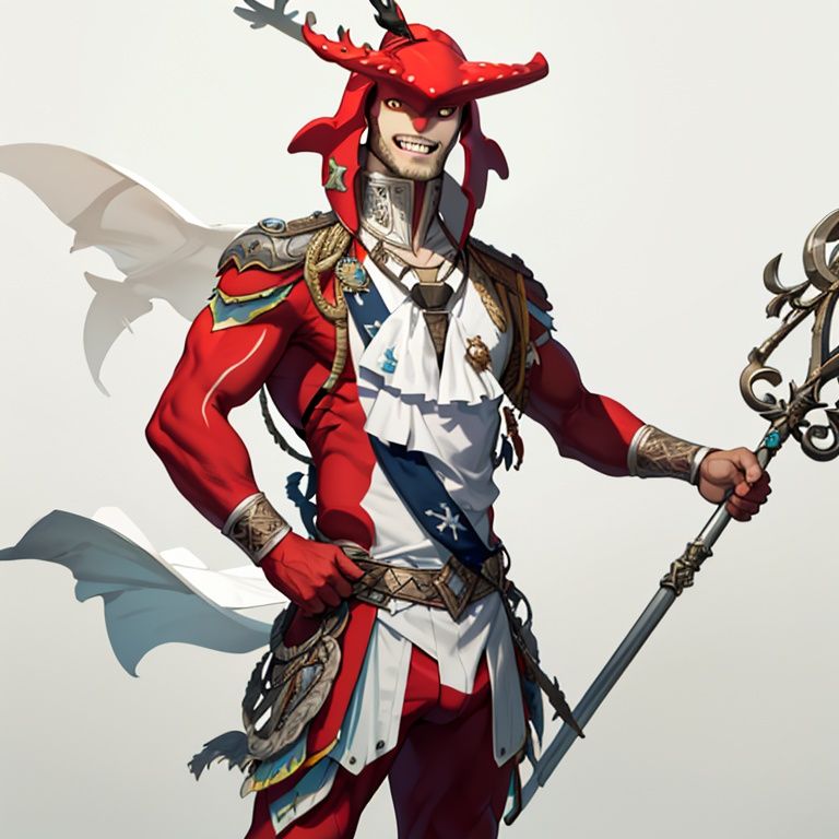 sdik, ((solo)), looking_at_viewer, smile, 1man, standing, full_body, weapon, teeth, holding_weapon, ascot, polearm, spear, trident