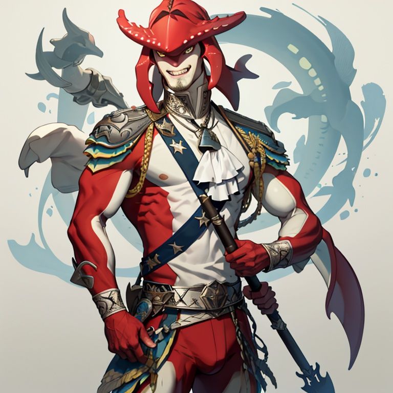 sdik, ((solo)), looking_at_viewer, smile, 1man, standing, full_body, weapon, teeth, holding_weapon, ascot, polearm, spear, trident
