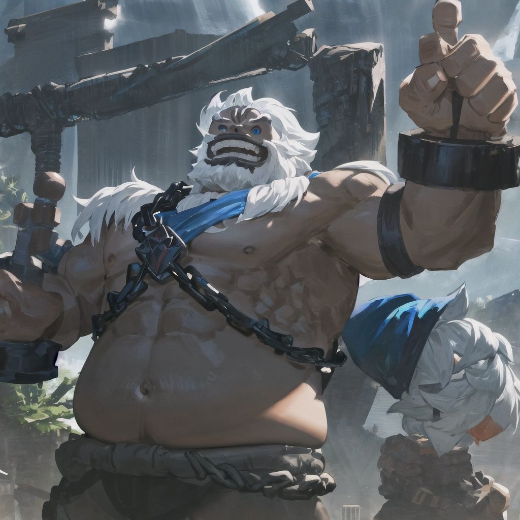 Daruk, (solo:1.2), mature male, chain, white hair, white mustache, blue-pea-eyes, muscular, big belly, sharp teeth, blue cloth, navel, river