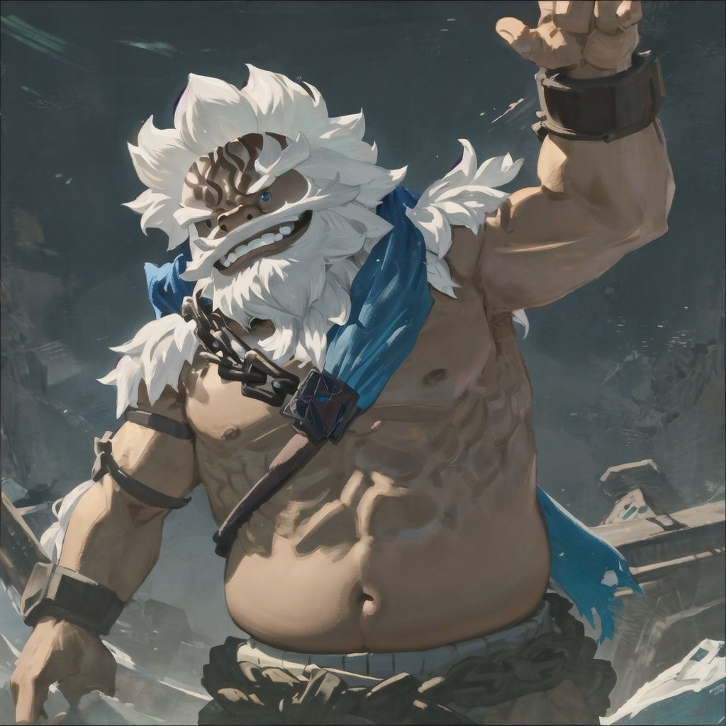 Daruk, (solo:1.2), mature male, chain, white hair, white mustache, blue-pea-eyes, muscular, big belly, sharp teeth, blue cloth, navel, river