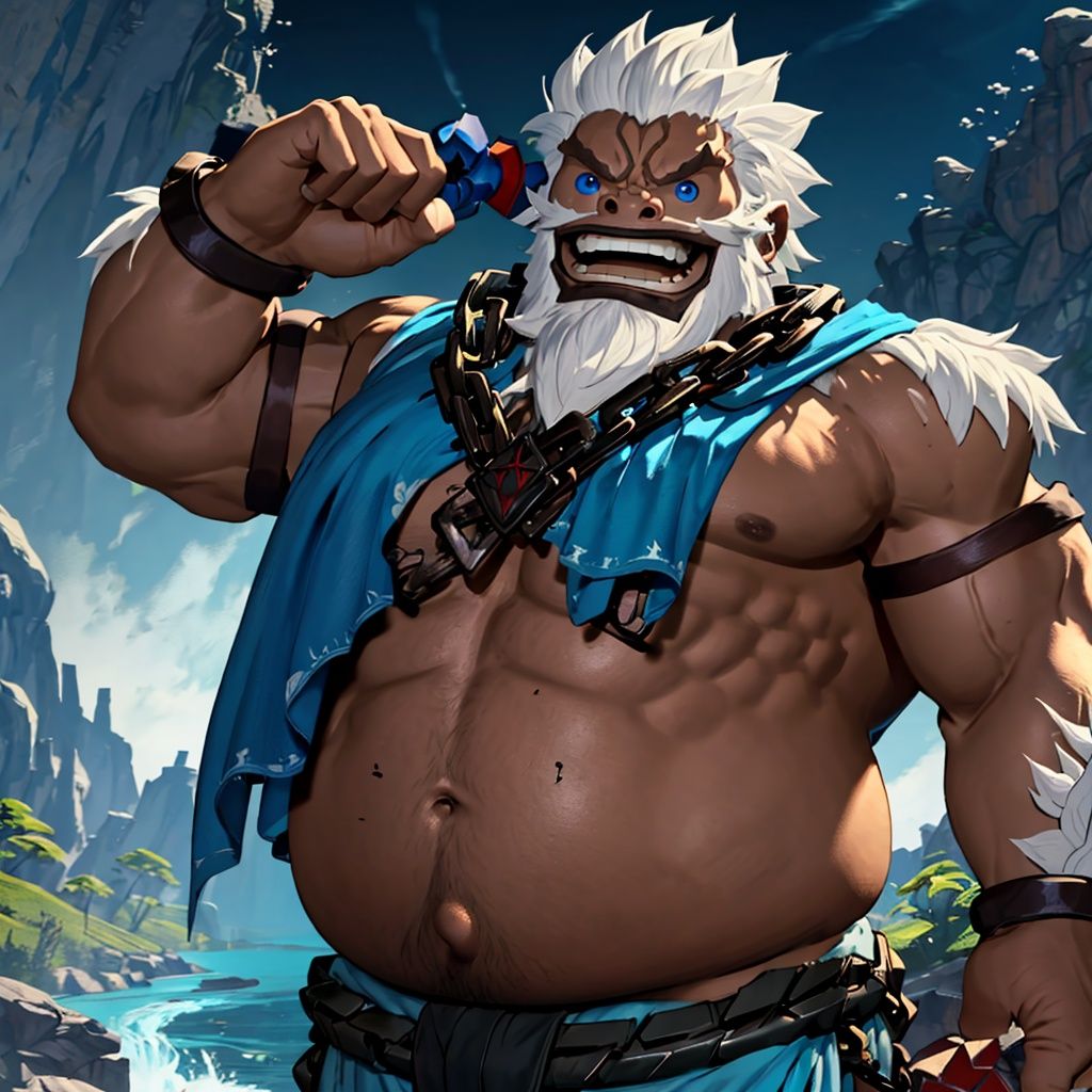 Daruk, (solo:1.2), mature male, chain, white hair, white mustache, blue-pea-eyes, muscular, big belly, sharp teeth, blue cloth, navel, river