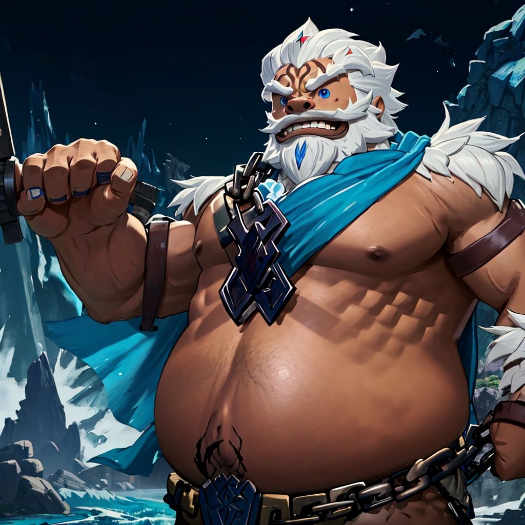 Daruk, (solo:1.2), mature male, chain, white hair, white mustache, blue-pea-eyes, muscular, big belly, sharp teeth, blue cloth, navel, river