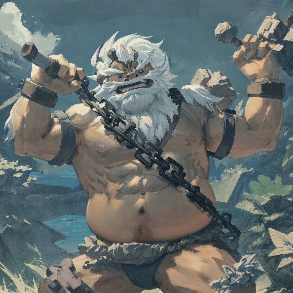 Daruk, (solo:1.2), mature male, chain, white hair, white mustache, blue-pea-eyes, muscular, big belly, sharp teeth, blue cloth, navel, river
