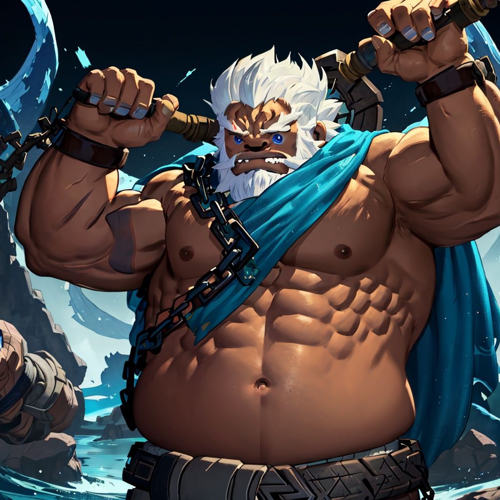 Daruk, (solo:1.2), mature male, chain, white hair, white mustache, blue-pea-eyes, muscular, big belly, sharp teeth, blue cloth, navel, river