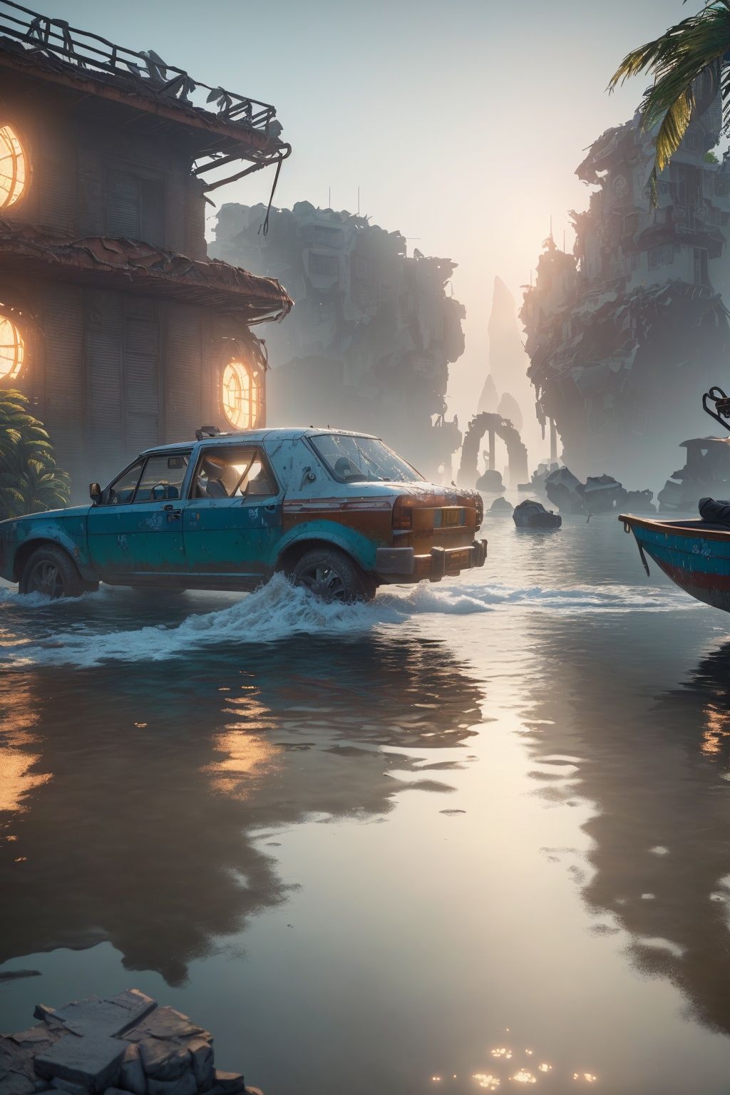 (8k, RAW photo, best quality, masterpiece:1.2), (realistic, photo-realistic:1.37), octane render, ultra high res, ultra-detailed , professional lighting, photon mapping, radiosity, physically-based rendering, ue5, ((island sanctuary)), ((ancient fallen kingdom)), ((reflections in water)), ((raytracing)), ((drowned city))