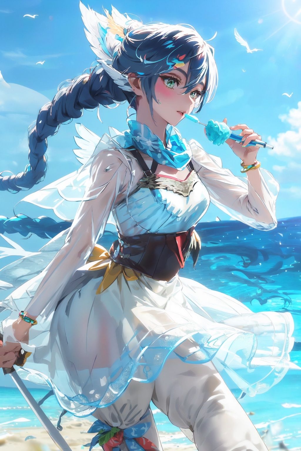 dfij, male focus, ((anthro avian bird)), (sharp-beak:1.2), ((winged-arms)), green eyes, bird tail, braid, armor, claws, blue scarf, feathers, anklet, bird legs, (masterpiece, top quality, best quality, glsml,solo,1girl, Ice cream in a cup, holding ice cream in her hand, with excellent detail handling,Handle hand details in place,Beautiful Ice cream, dress, (see through),c, (tulle dress),see-through dress, tulle skirt, ((Hawaiian)), ((sandbeach)), spindrift, seabird, (sunny)