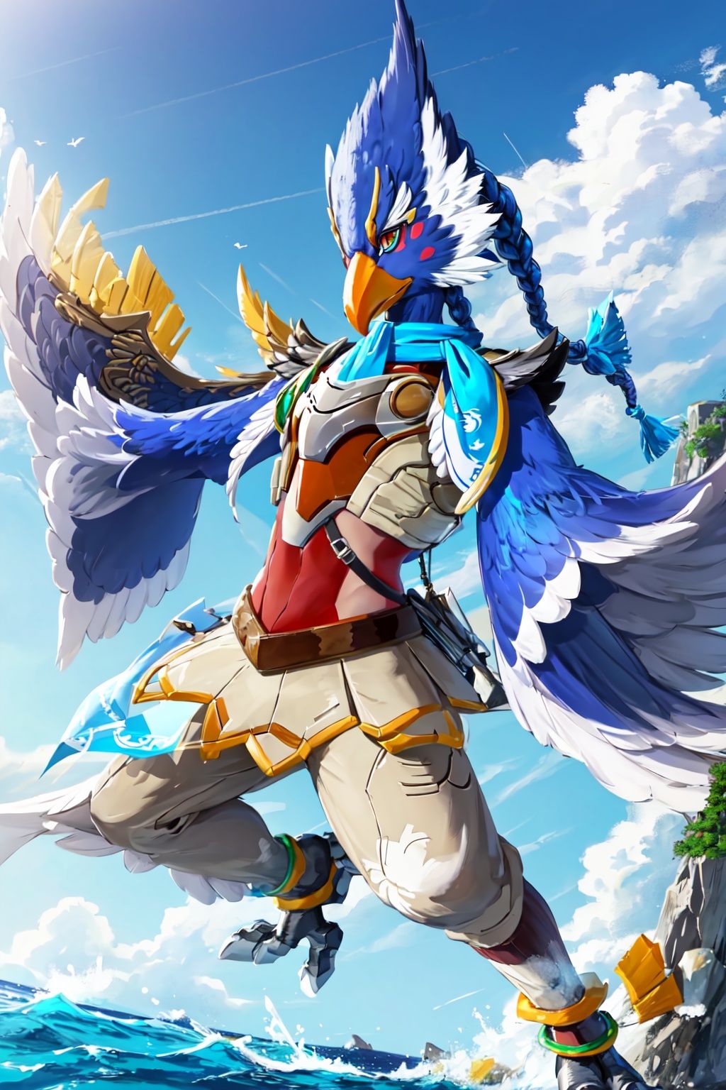 dfij, male focus, ((anthro avian bird)), (sharp-beak:1.2), ((winged-arms)), green eyes, bird tail, braid, armor, claws, blue scarf, feathers, anklet, bird legs, fullbody, ocean