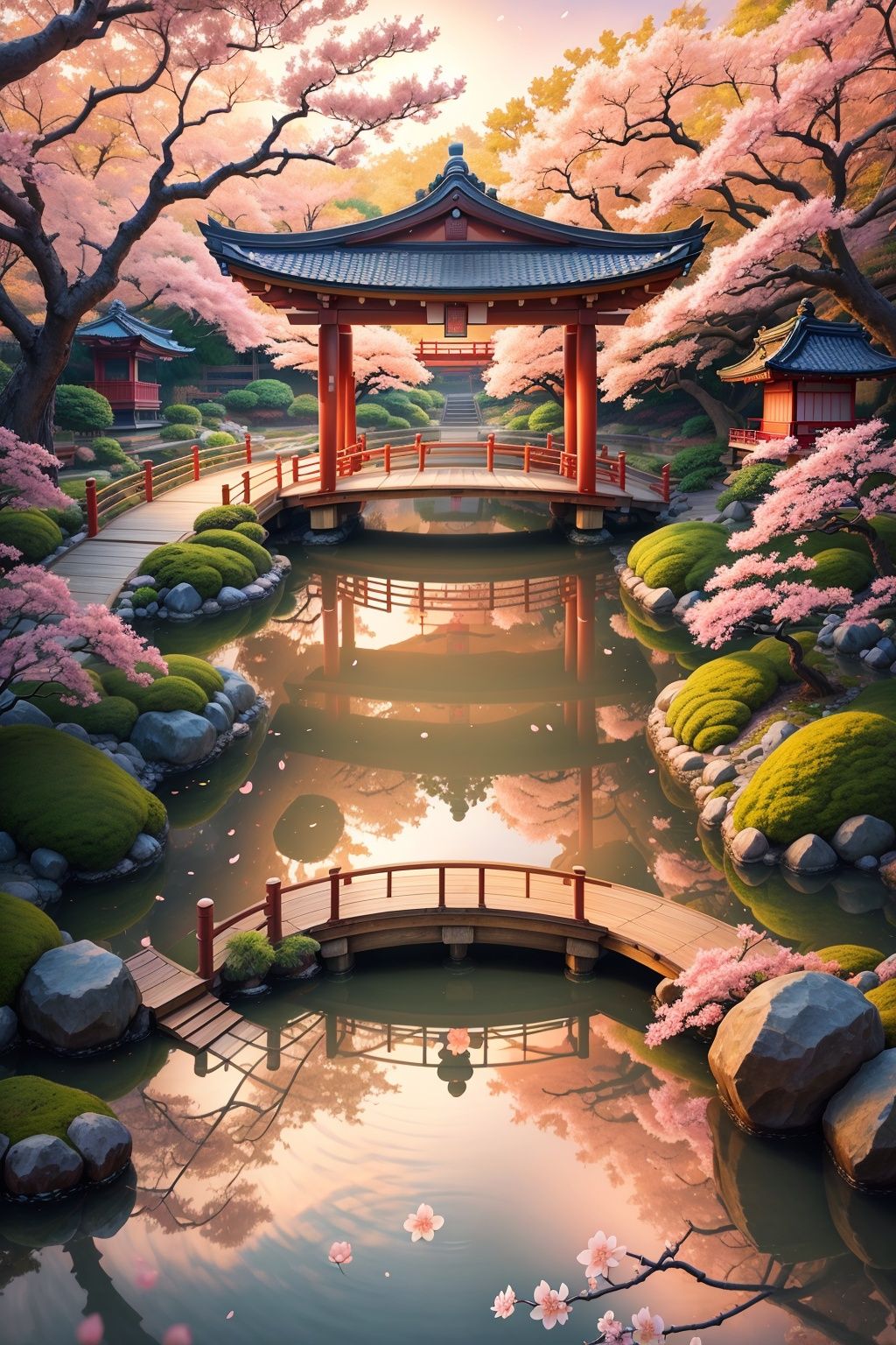 (digital painting),(best quality), serene Japanese garden, cherry blossoms in full bloom, koi pond, footbridge, pagoda, Ukiyo-e art style, Hokusai inspiration, Deviant Art popular, 8k ultra-realistic, pastel color scheme, soft lighting, golden hour, tranquil atmosphere, landscape orientation