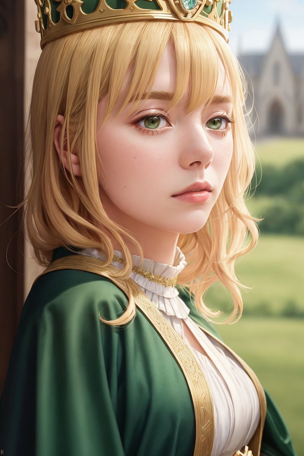 (extremely detailed CG unity 8k wallpaper), (photorealistic:1.4), blonde hair, emma stone, medieval queen, green vale, golden crown, diamonds, medieval architecture, portrait, dress