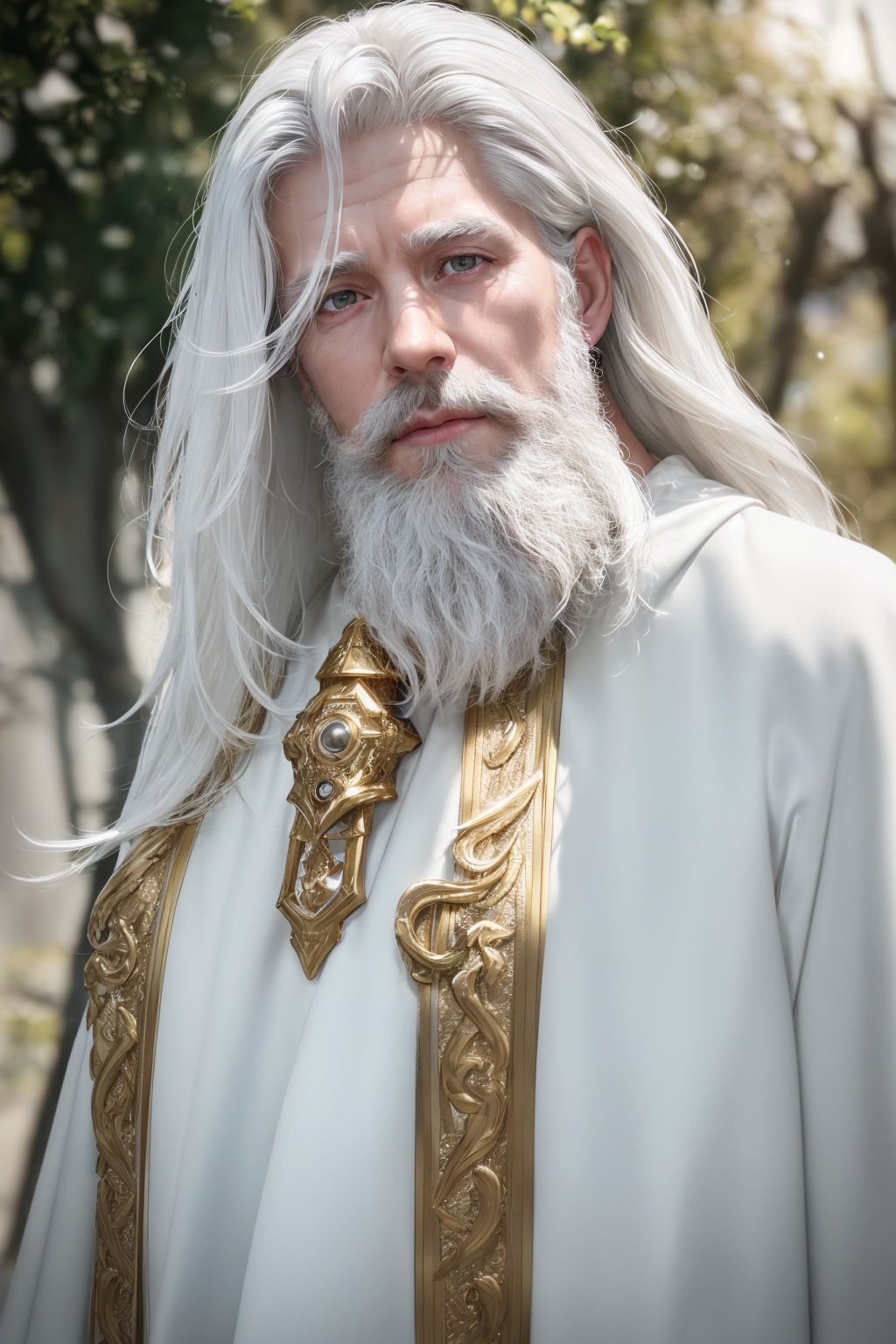 (8k, RAW photo, best quality, masterpiece:1.2), (realistic, photo-realistic:1.37), ultra-detailed, (high detailed skin:1.2), 8k uhd, dslr, soft lighting, high quality, film grain, Fujifilm XT3, professional lighting, photon mapping, radiosity, physically-based rendering photo of 45 y.o man, caucasian, short beard, wizard, white wizard shirt with golden trim, white robes moving in the wind, long white hair, fully clothed, perfect face, handsome, concept art, detailed face and body, award-winning photography, detailed face, backlight, ultrarealistic, ray tracing, intense gaze, looking at viewer, cinematic lighting, embers, fantasy, action pose, water splash, mist , RAW photo, 8k uhd, film grain