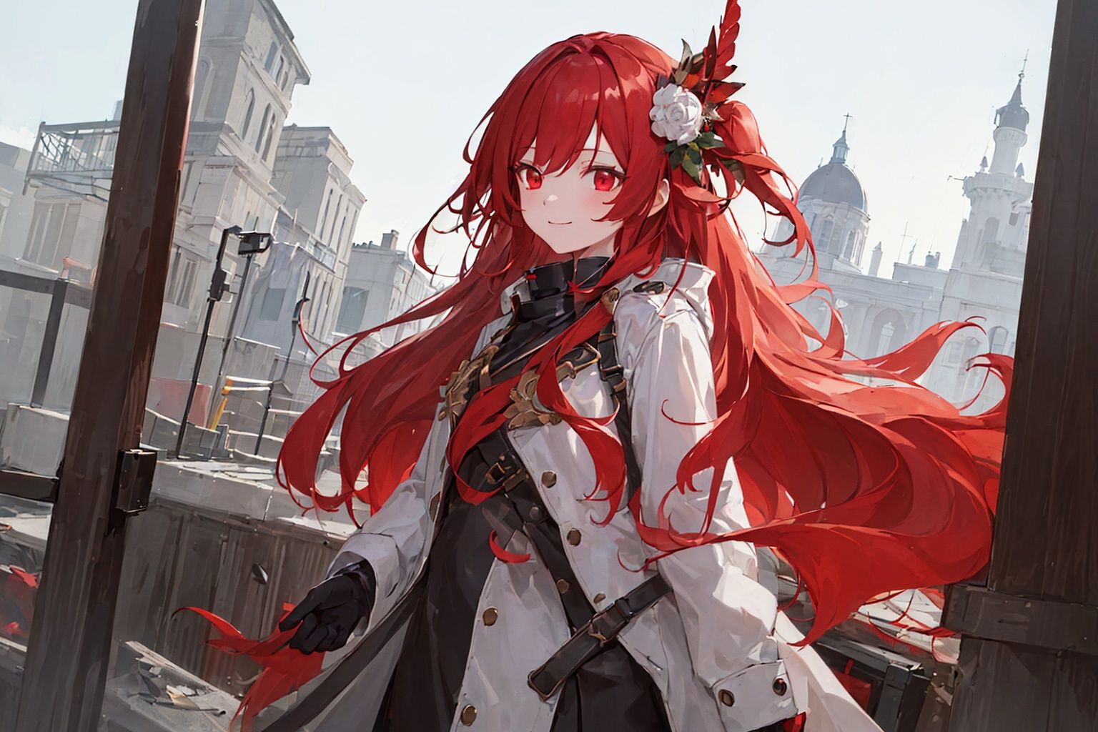 ((masterpiece,best quality)),1girl, long hair, red hair, solo, dress, red eyes, looking at viewer, long sleeves, standing, building, white dress, gloves, hair ornament, black jacket, smile, floating hair, dutch angle, closed mouth, looking away, outdoors