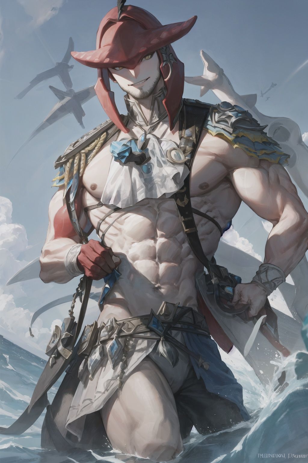 sdik,((solo)), looking_at_viewer, smile, 1boy, cowboy_shot, ascot, pectorals, muscular_male, ocean