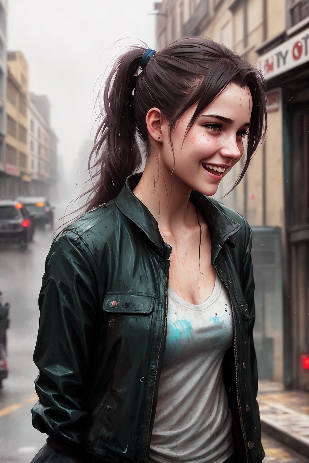 a young woman, street, laughing, ponytails, (hdr:1.3), (muted colors:1.2), dramatic, complex background, cinematic, filmic, (rutkowski, artstation:0.8), soaking wet
