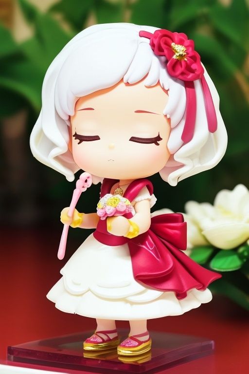 chibi,full body,front_view, 1girl, standing, white hair, best quality,masterpiece, detailed,16k,beautiful detailed face, closed eyes,solo,wedding dress