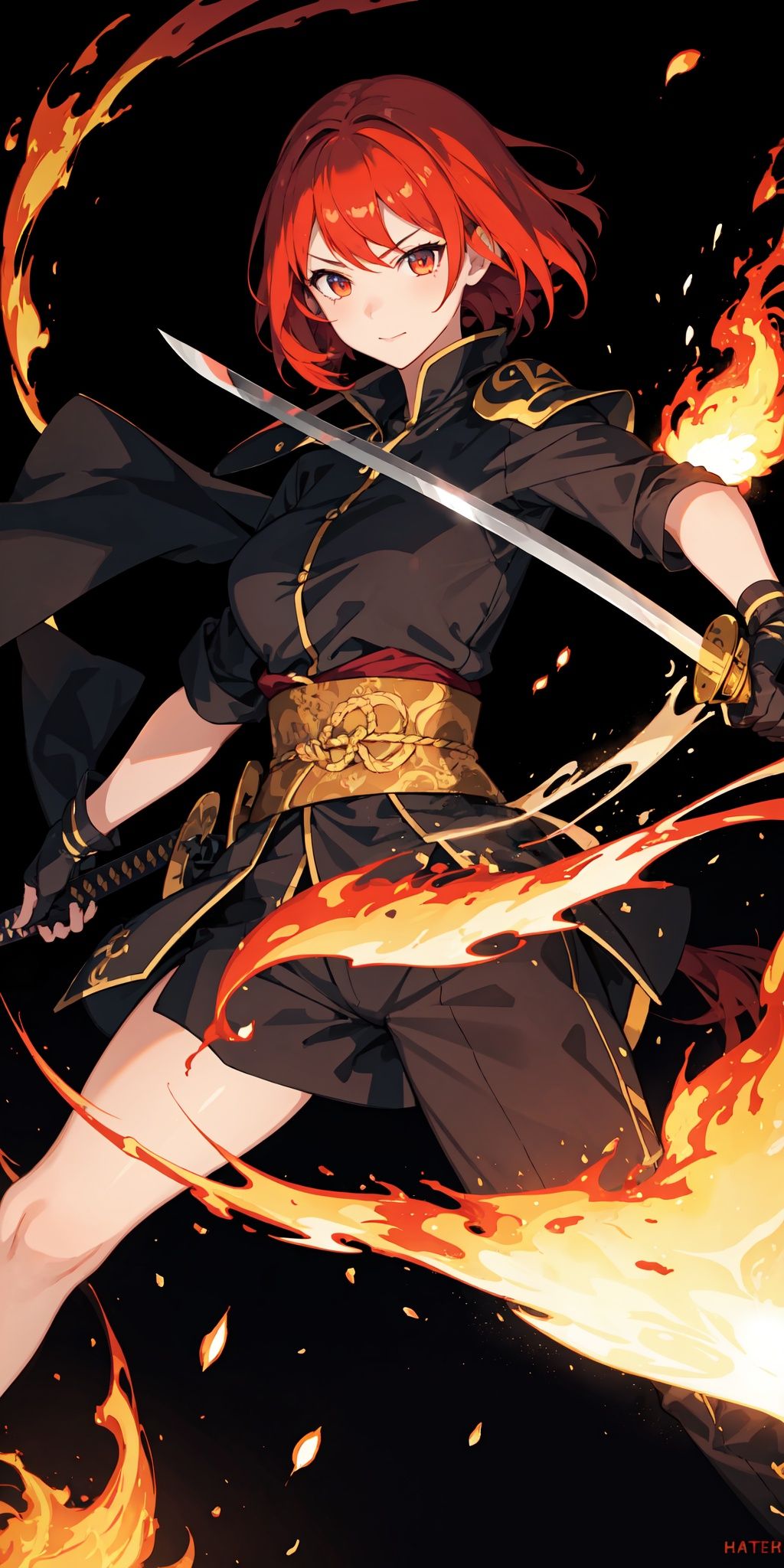 1girl,red hair, flaming eye, katana, flames, burning houses, glowing, sidelighting, wallpaper,