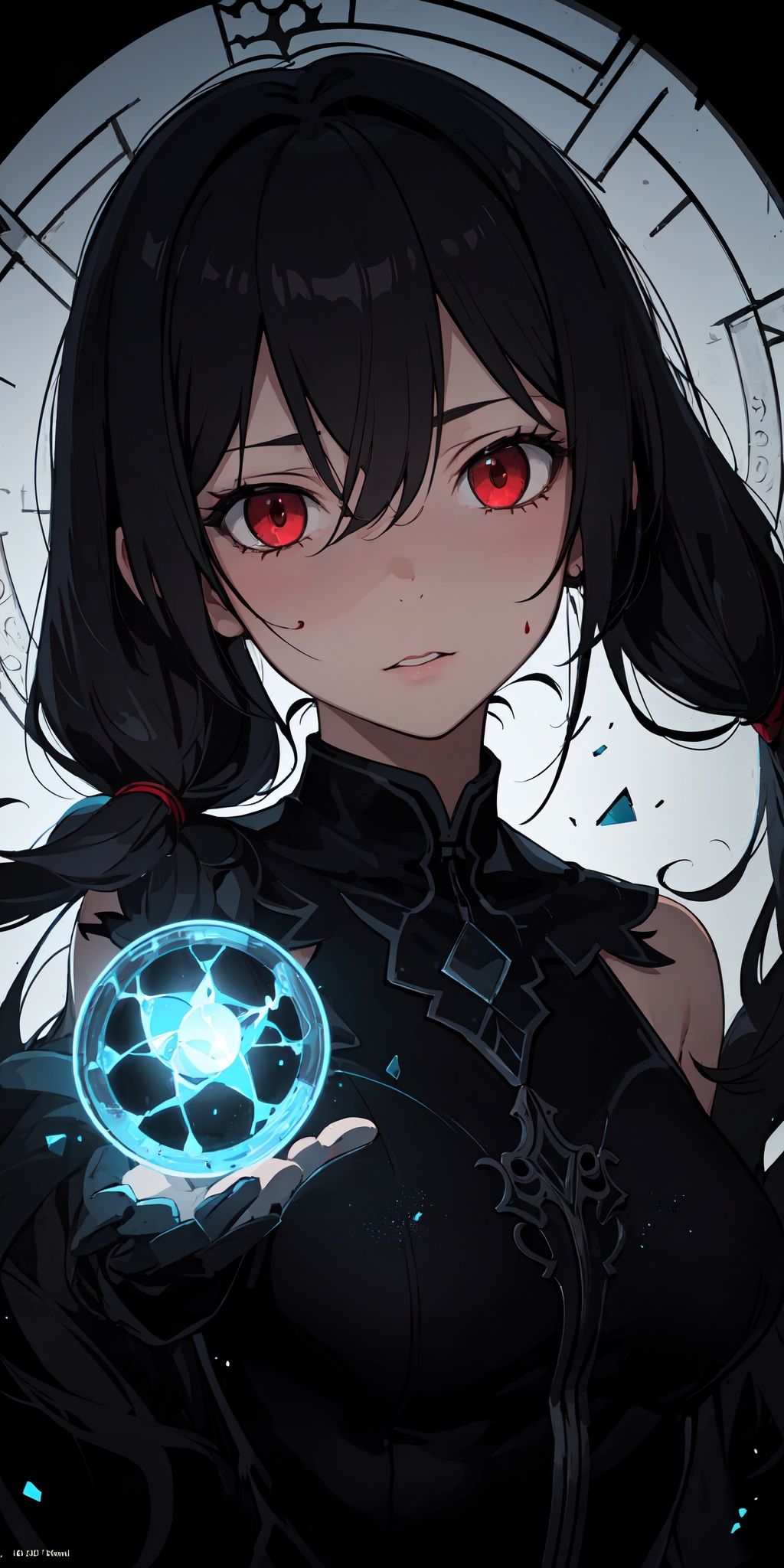 (masterpiece, best quality, ultra-detailed, best shadow), (detailed background,dark fantasy), (beautiful detailed face), high contrast, (best illumination, an extremely delicate and beautiful), ((cinematic light)), colorful, hyper detail, dramatic light, intricate details, (1girl, solo,black hair, sharp face,low twintails,red eyes, hair between eyes,dynamic angle), blood splatter, swirling black light around the character, depth of field,black light particles,(broken glass),magic circle,