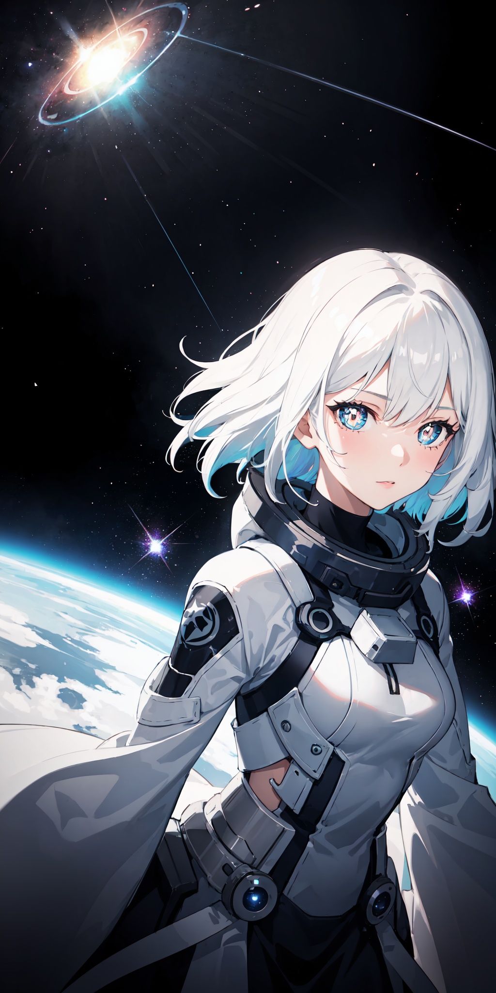 1girl, white hair, symbol-shaped pupils, space goddess, galaxy, light particles, light rays, wallpaper, high contrast, colorful,