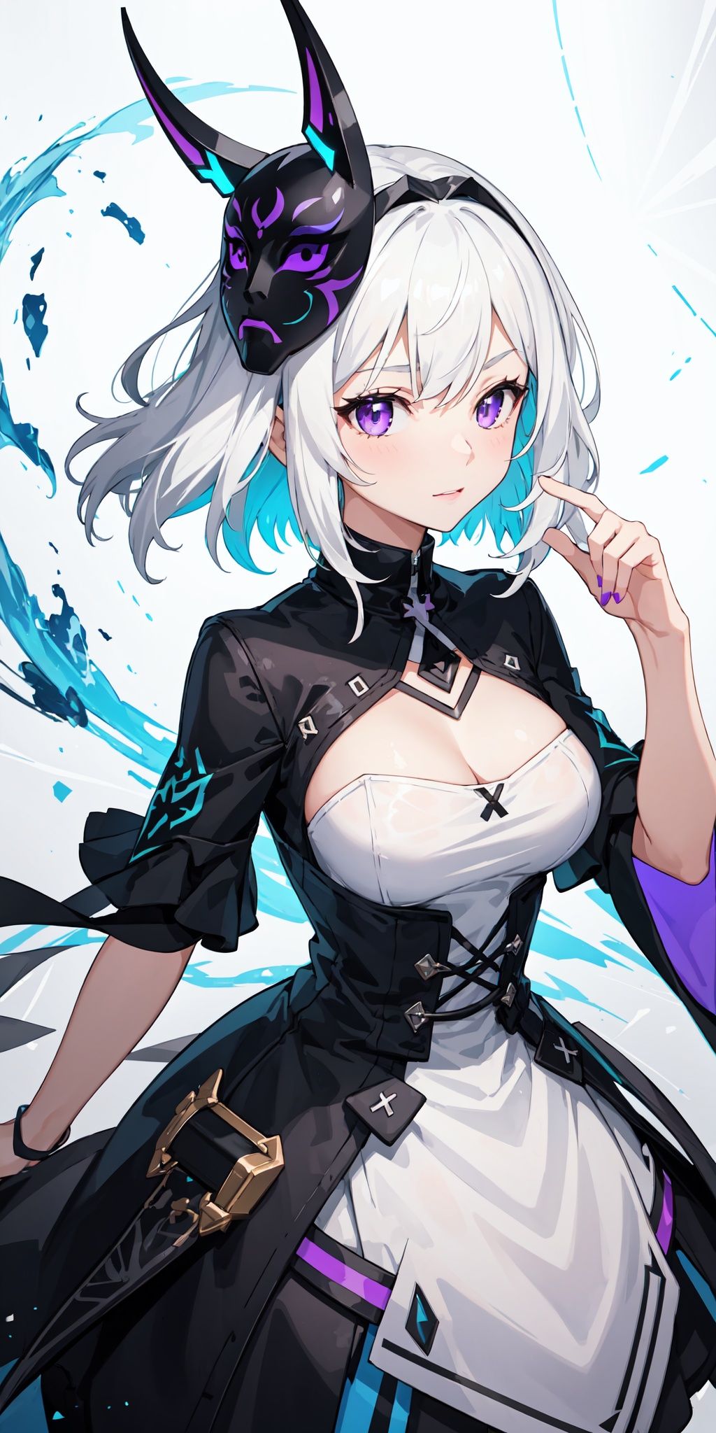 1girl, white hair, multicolored hair, purple eyes, mask on head, sidelighting, light particles, wallpaper,