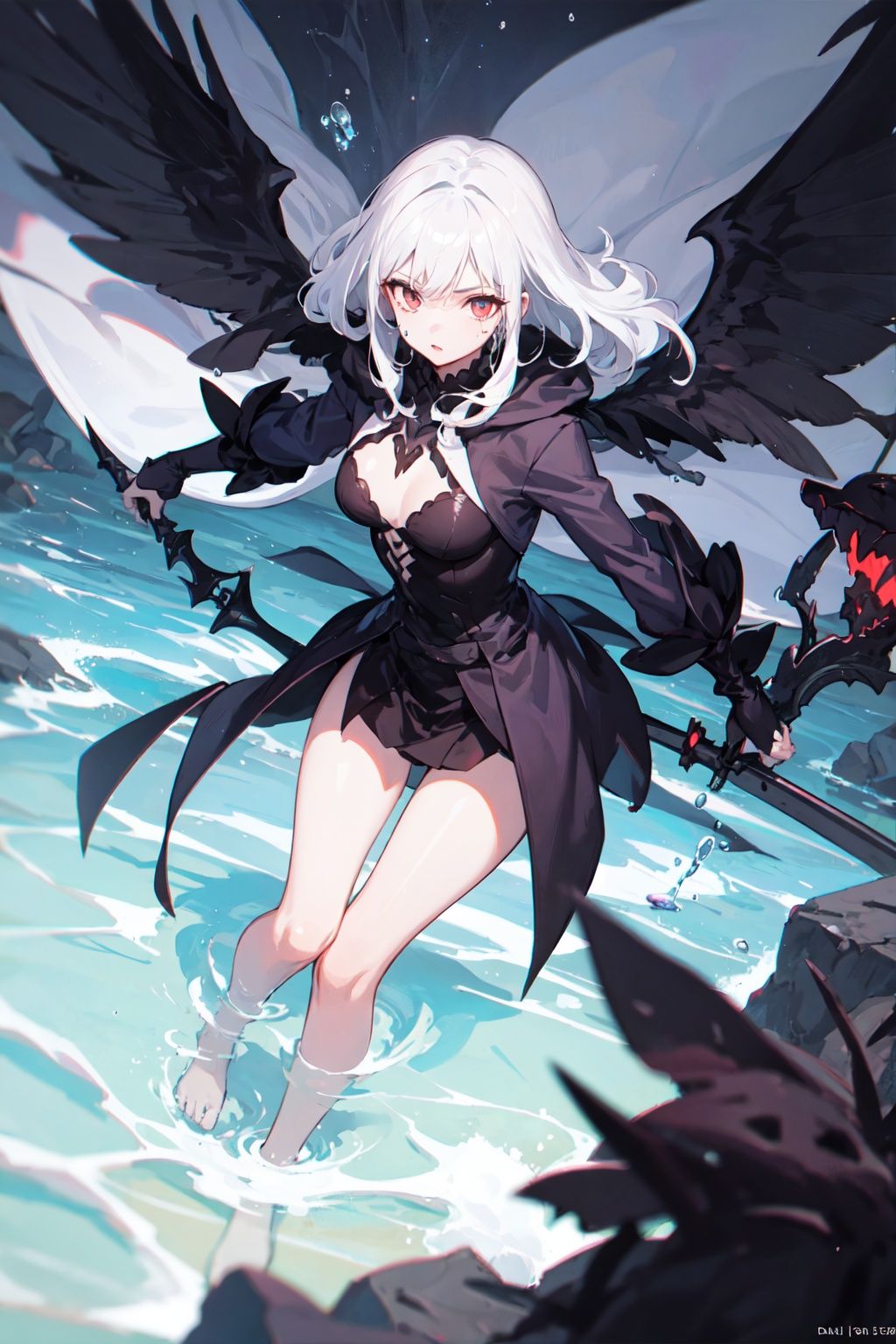 1girl,death,reaper,weapon,water drop,white hair,twins