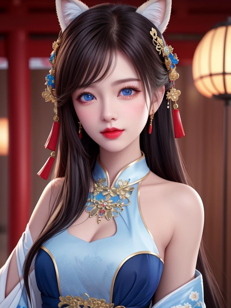 best quality, masterpiece, highres, 1girl,china dress,hair ornament,neckl1girl, animal ears, solo,blue eyes, whisker markings, facial mark, black hair, mole, long hair, red lips, hair ornament, looking at viewer, red nails, fingernails, japanese clothes, bangs, bare shoulders, fox ears, lipsace, jewelry,Beautiful face,upon_body, tyndall effect,photorealistic, dark studio, rim lighting, two tone lighting,(high detailed skin:1.2), 8k uhd, dslr, soft lighting, high quality, volumetric lighting, candid, Photograph, high resolution, 4k, 8k, Bokeh