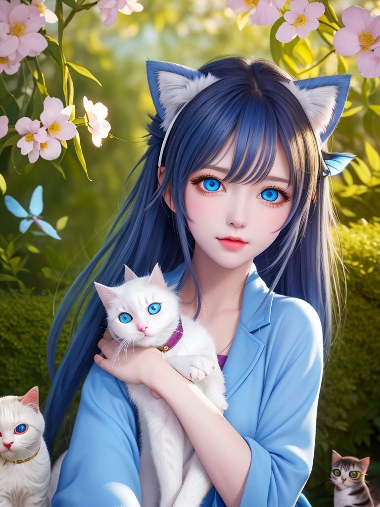 original, (masterpiece), (illustration), (extremely fine and beautiful), perfect detailed, photorealistic, (beautiful and clear background:1.25), (depth of field:0.7), (1 cute girl with (cat ear and cat tail:1.2) stands in the garden:1.1), (cute:1.35), (detailed beautiful eyes:1.3), (beautiful face:1.3), casual, silver hair, silver ear, (blue hair:0.8), (blue ear:0.8), long hair, coat, short skirt, hair blowing with the wind, (blue eye:1.2), flowers, (little girl:0.65), butterflys flying around