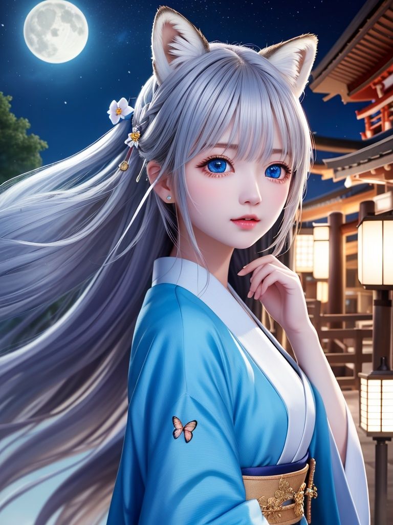 original, (masterpiece), (illustration), (extremely fine and beautiful), (perfect details), (unity CG 8K wallpaper:1.05), (beautiful and clear background:1.25), (depth of field:0.7), (1 cute girl with (2 fox ear:0.9) and (fox tail on the back:1.2) stands aside the river:1.15). (cute:1.3), (detailed beautiful eyes:1.3), (beautiful face:1.3), silver hair, silver ear, (pink hair:0.7), (pink ear:0.7), long hair, (japanese kimomo:1.25), (hair blowing with the wind:1.1), (blue eye:1.1), (little girl:1.1), butterflys flying around, (moon light:0.6), tree, (summer), (night:1.2), (close-up:0.35), (gloves:0.8), solo