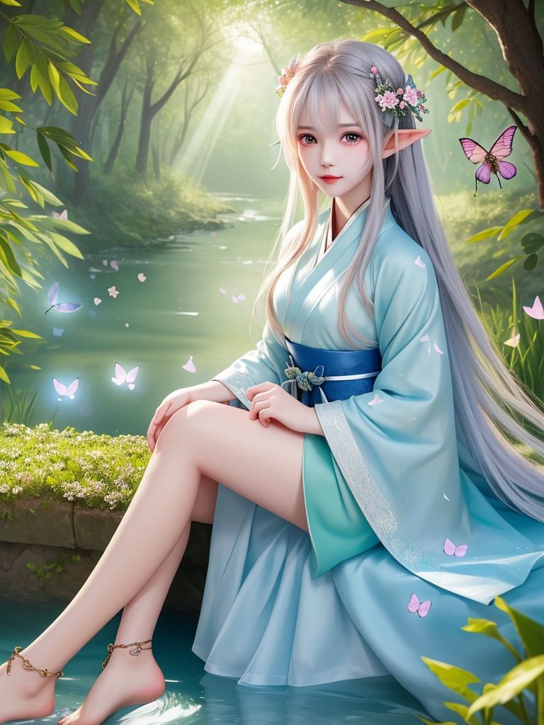(((masterpiece))), (((best quality))), ((ultra-detailed)), (illustration), ((an extremely delicate and beautiful)),dynamic angle,floating, (beautiful detailed eyes), (detailed light) 1girl, pointy ears, long hair, water, solo, elf, sitting,half body, white hair, chain, green eyes, toeless legwear, barefoot, jewelry, looking at viewer,feather, leaves, nature, (sunlight), river, (forest),(painting),(sketch),(bloom),(portrait:1.2),(butterflys:1.2), (tyndall effect), obscure,hanfu