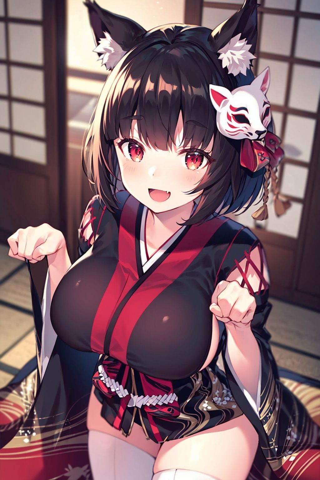 yamashiro\(azur lane\),\(origen\),japanese_clothes,from above,indoors, japanese_clothes,from above, paw_pose, :d, outdoors, masterpiece, best quality, extremely detailed face, sharp details, high contrast,