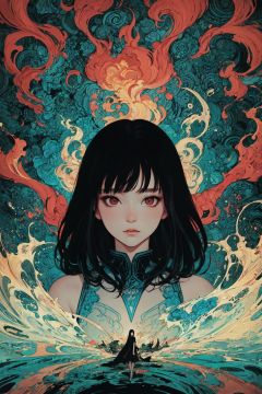 masterpiece, best quality, ultra high res, beautiful, elegant, graceful, award-winning art, 1girl, (style of Yuko Shimizu:1.4), (abstract art:1.2), style of rebecca guay, black hair, red eyes, fire, cloaked in flames, dark theme, visually stunning, gorgeous
