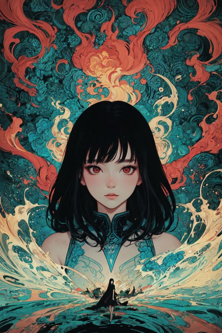 masterpiece, best quality, ultra high res, beautiful, elegant, graceful, award-winning art, 1girl, (style of Yuko Shimizu:1.4), (abstract art:1.2), style of rebecca guay, black hair, red eyes, fire, cloaked in flames, dark theme, visually stunning, gorgeous
