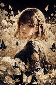 abstract art, (style of Yuko Shimizu:1.3), (black theme:1.1), gold theme, golden butterflies, dark stars, 1girl, field of white flowers, , facing viewer
