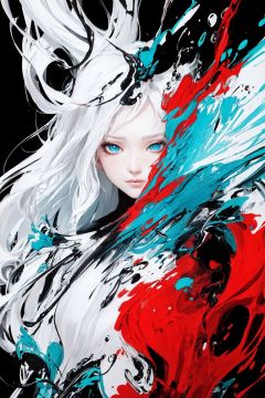 (masterpiece, top quality, best quality, official art, beautiful and aesthetic:1.2), splash art, (abstract:1.35), 1girl, portrait, half demon, naked, long hair, (black, white, blue, red:1.25), black background, (good contrast)
